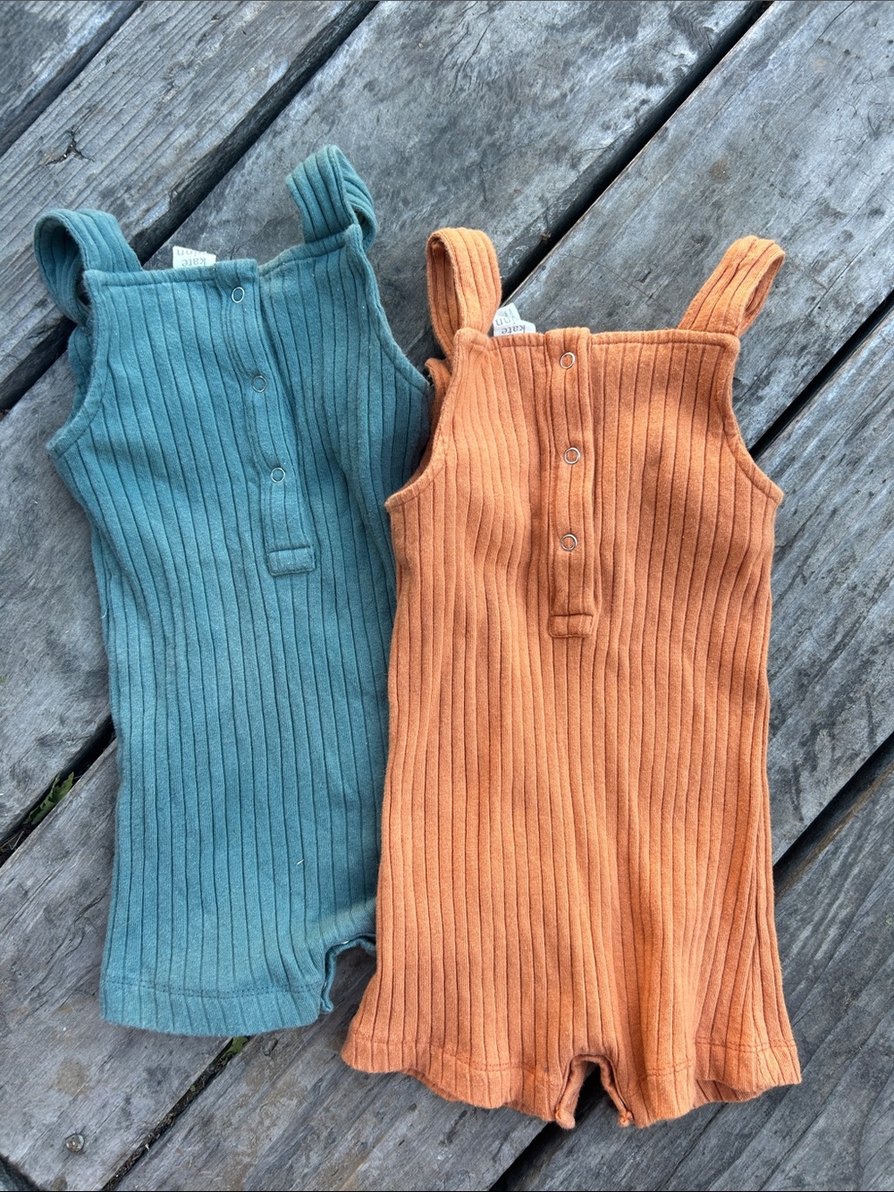 2 kate quinn Ribbed Baby Rompers in Teal & Rust Orange 3-6mo